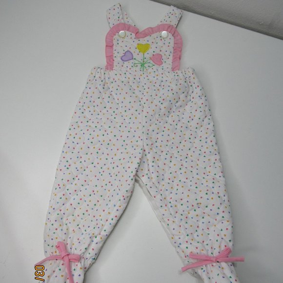 Vintage Tiny Tots Original Romper Jumpsuit Bib Embroidered Hearts Bows Pink 6-9